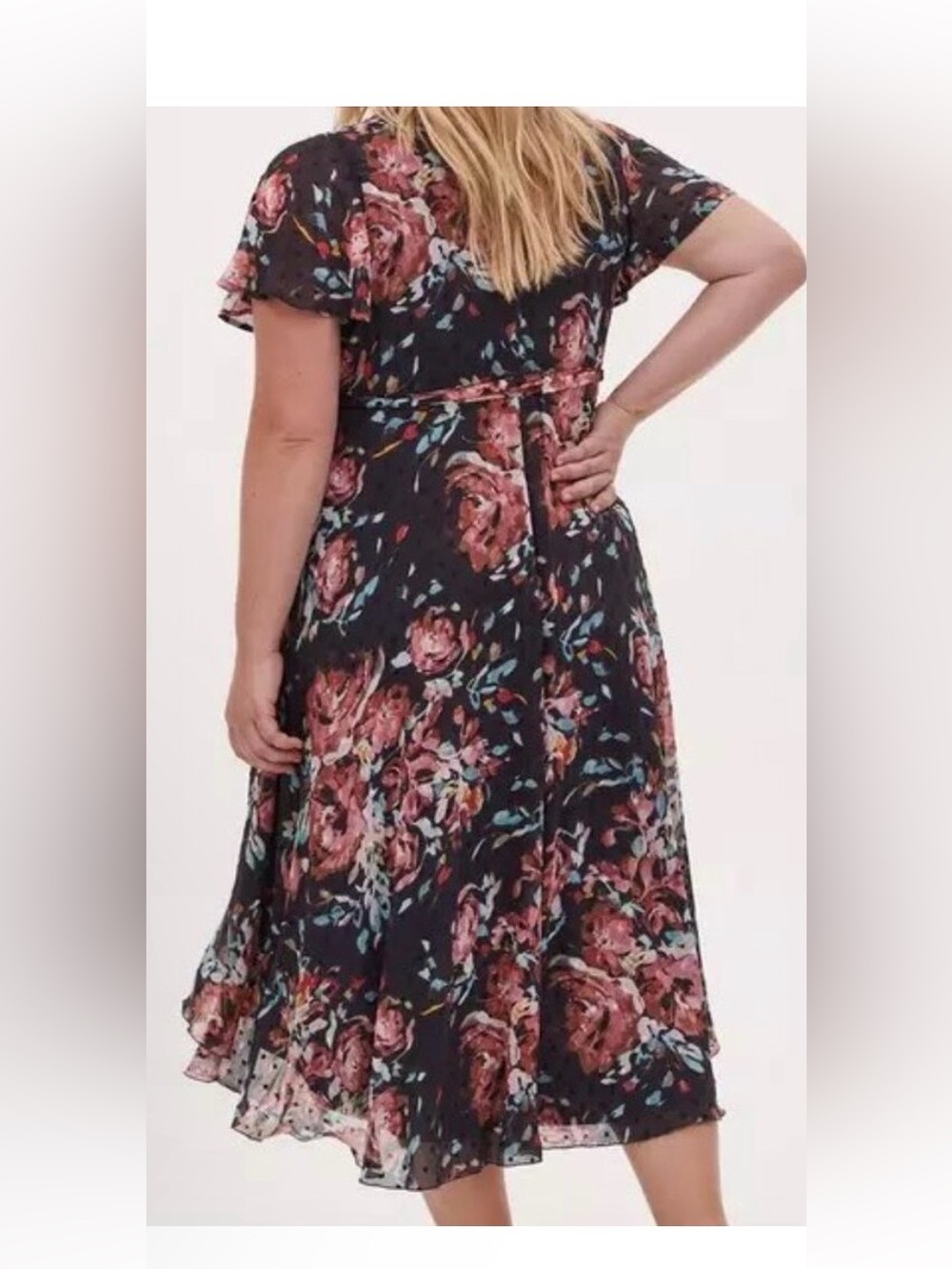 Torrid Black Floral Midi Wrap Dress with Pink Blooms (2X) - Picture 2 of 5